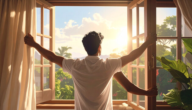 Man opening window sunlight