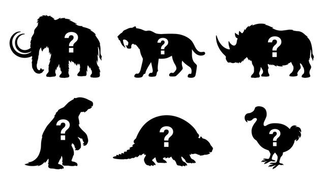 Set of black silhouettes of extinct animals with question marks, including a mammoth, saber-toothed tiger, rhino, dodo bird, and prehistoric