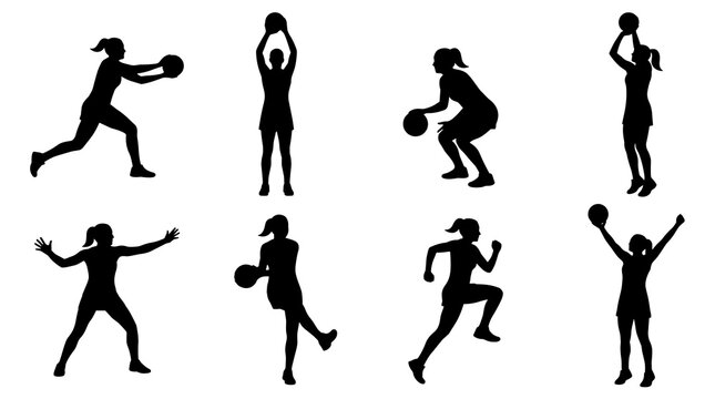Set of female softball player silhouettes in various action poses, including throwing, catching, and running, isolated on a white background