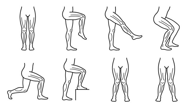 Collection of line art leg exercises, showing anatomy and movement for fitness, physiotherapy, and sports training, front and side views