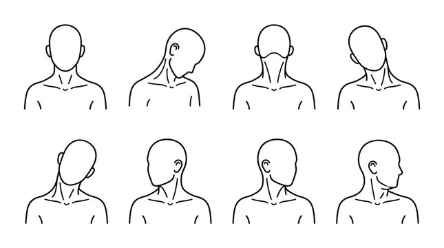 Set of simple line drawings showing head and neck stretches for physical therapy, ergonomic advice, or posture correction exercises