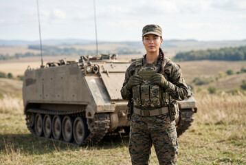 Fototapeta premium Female soldier in camouflage uniform standing near tank