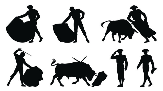 Collection of black silhouettes of matadors and bulls in action during a bullfight, depicting a traditional Spanish spectacle, vector graphic