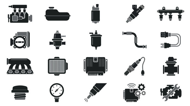 Car Parts Icons Set. Automotive Engine Components, Fuel System and Sensors.