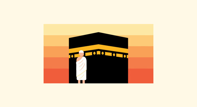 Muslim pilgrim in white ihram standing before Holy Kaaba at sunset.