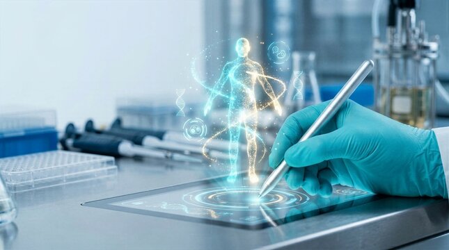 Scientist analyzing interactive holographic projection of human anatomy and cellular structures on smart device in advanced clinical research laboratory