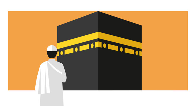 Pilgrim facing the Kaaba set against a warm orange rectangular backdrop.