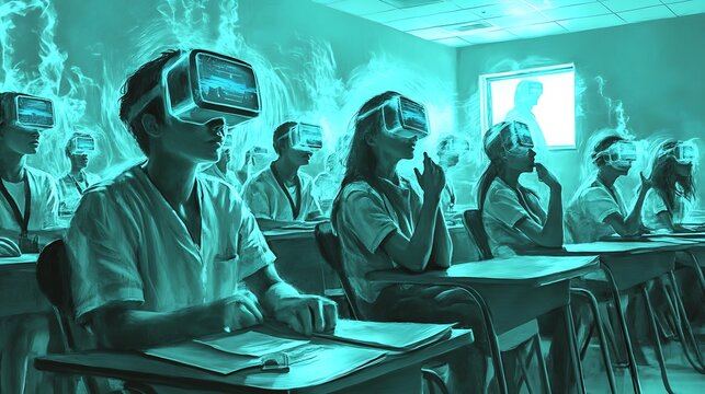 Students wearing virtual reality headsets sitting in a classroom for a digital education experience with glowing cyan artistic sketch style