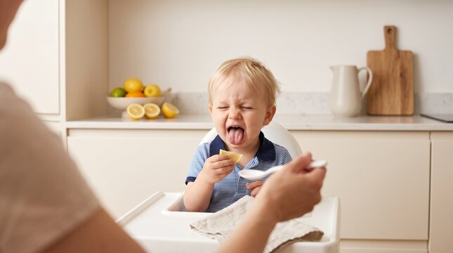 Commercial close-up lifestyle and portrait photography of a cute blonde baby boy making a funny, squinched sour face after tasting a fresh lemon wedge &ndash; premium baby food branding, pediatric health ma
