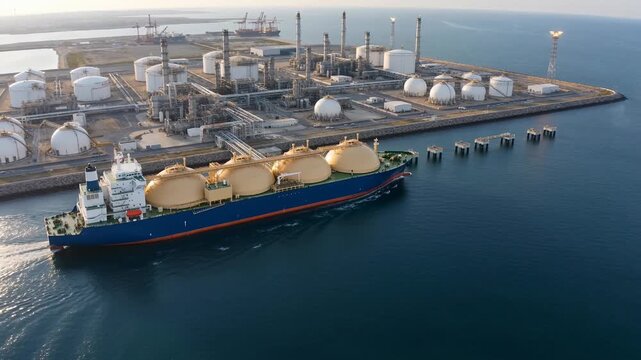 Aerial view of an LNG carrier sailing past a coastal natural gas plant, gas tanker with spherical tanks passing a liquefied natural gas terminal with storage and refinery