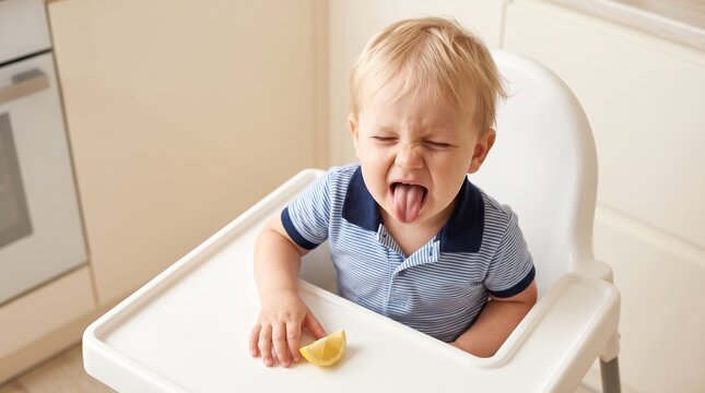 Commercial close-up lifestyle and portrait photography of a cute blonde baby boy making a funny, squinched sour face after tasting a fresh lemon wedge &ndash; premium baby food branding, pediatric health ma