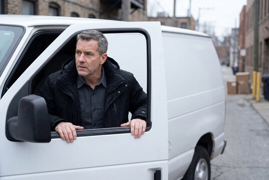 Middle aged man in a black jacket stepping out of a white van