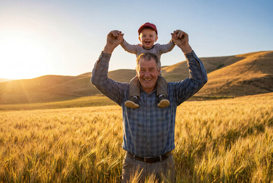 Joyful older male farmer carrying a happy young child on his shoulders in a golden wheat field