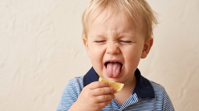 Commercial close-up lifestyle and portrait photography of a cute blonde baby boy making a funny, squinched sour face after tasting a fresh lemon wedge &ndash; premium baby food branding, pediatric health ma