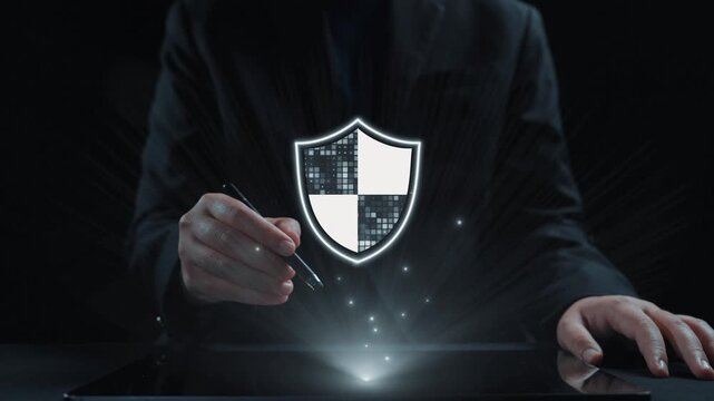 A detailed illustration of digital security, featuring a shield symbol amidst various technology icons that emphasize the importance of data protection and cybersecurity measures. Qubit