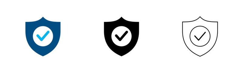 Security shield icons with checkmark, set of 3 flat protection symbols, blue and black safety badges for web and app interface design © AAK Designs