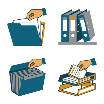 Document organization and filing icons set showing hands managing folders binders and trays.
