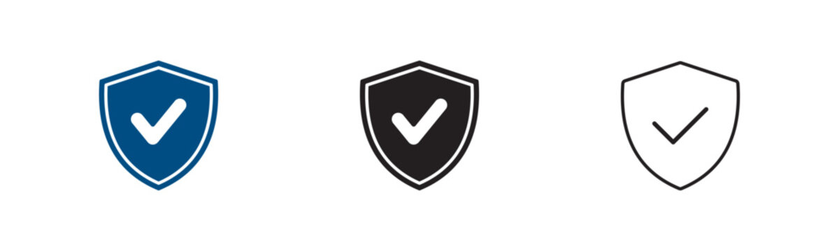 Shield icon set. Security check and protection. Guarantee approval and safety concepts. Trusted secure system indicators. Defense badge symbols.