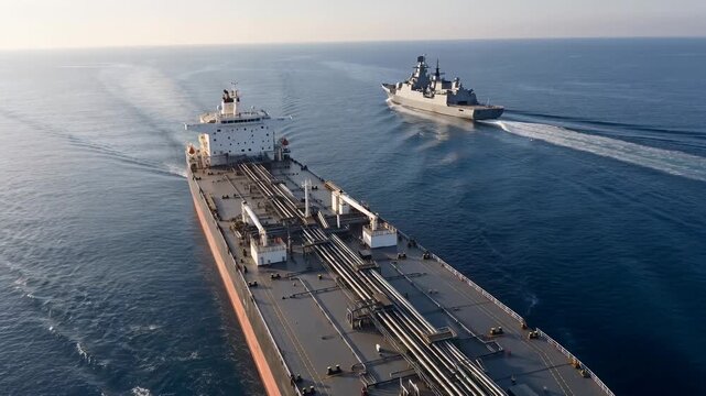 Aerial view of a warship escorting a large oil tanker across the open sea, naval vessel providing security to a crude carrier along a strategic maritime route
