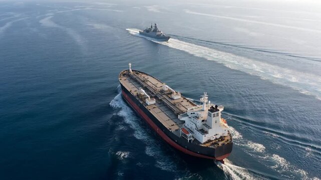 Aerial view of a warship escorting a large oil tanker across the open sea, naval vessel providing security to a crude carrier along a strategic maritime route