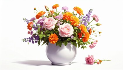 Fototapeta premium Bouquet of different flowers in metall bucket on white background