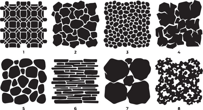Eight solid black silhouette textures featuring geometric patterns, organic stone shapes, pebble arrangements, and cracked surface motifs