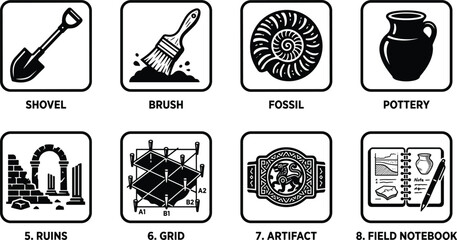 Archaeology and paleontology line art vector icon set featuring shovel brush fossil ruins artifacts and notebook. © Rakib