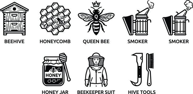 Beekeeping and honey production vector icon set featuring beehive honeycomb queen bee smoker jar and protective suit.
