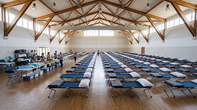 Rows of cots in emergency shelter inside community center hall