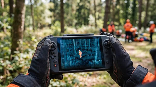 Hands holding thermal imaging drone controller during forest rescue operation