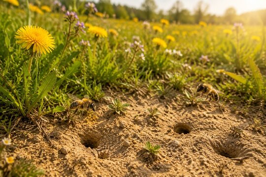 Ground-level meadow with bee burrows and hovering mining bees, wildflowers in sun, habitat and ecology concept.