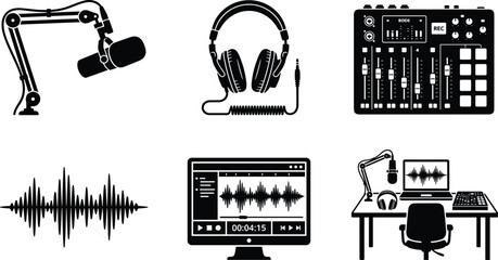 Podcast studio and audio broadcasting vector icon set featuring microphone boom arm headphones mixer and sound waves. © Rakib