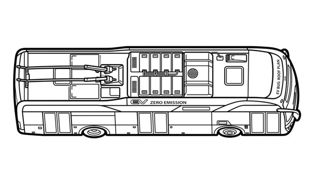 Electric Bus Collection Vector Set Top View and Side View &ndash; Modern EV City Transit, Zero Emission Public Transport Line Art Isolated on White Background
