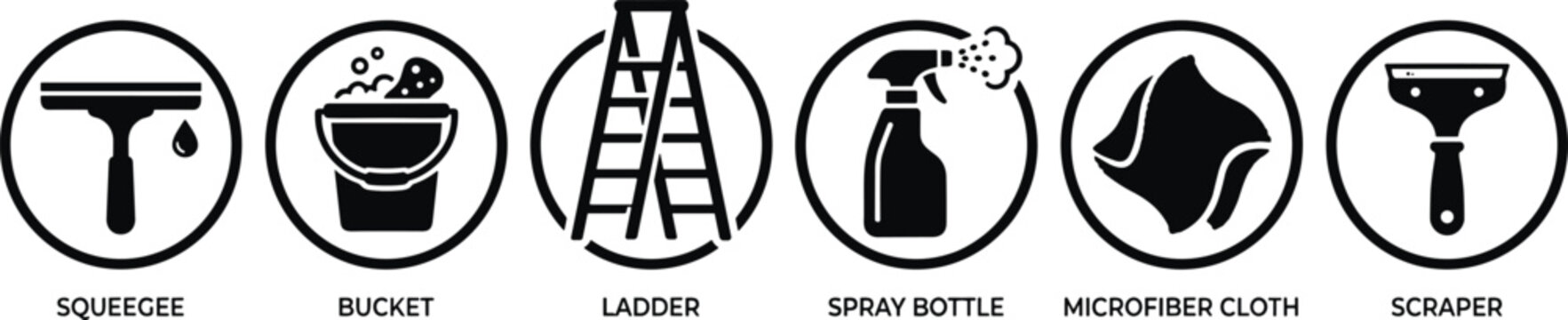 Professional window cleaning service vector icon set featuring squeegee bucket ladder spray bottle cloth and glass scraper.