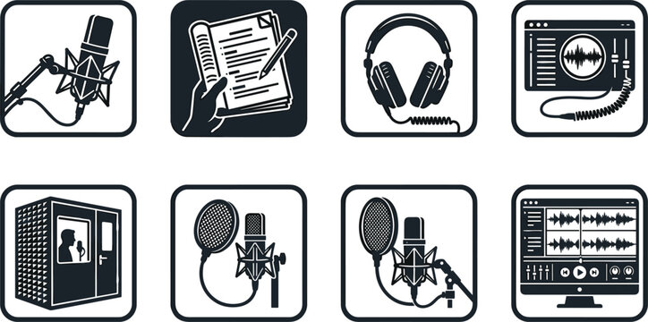 Voiceover studio and audio recording vector icon set featuring microphone script headphones booth and digital editing interface.
