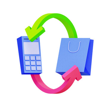 3D illustration of payment terminal and shopping bag with circular arrows for omnichannel retail, purchase synchronization, refund process, recurring payment, and sales transaction.