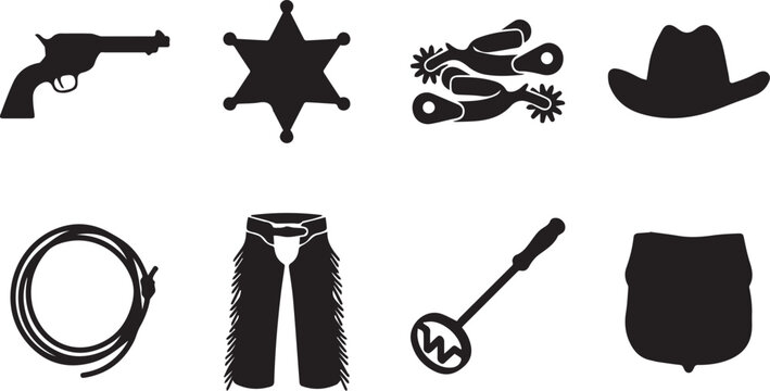 Set of black silhouette featuring cowboy equipment, including a revolver, sheriff star, spurs, hat, lasso, chaps, branding iron, and badge
