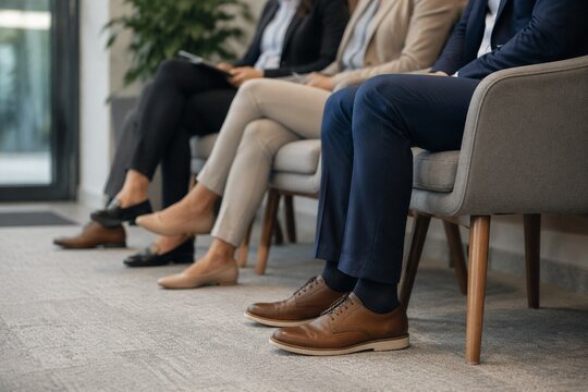 Lower body view of professional attire in corporate waiting area.