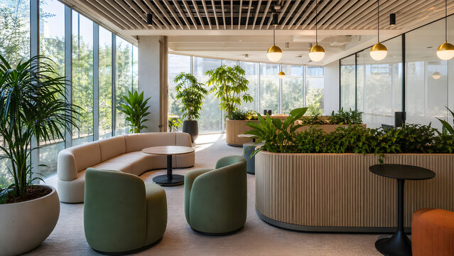 Modern biophilic office breakout space with plants