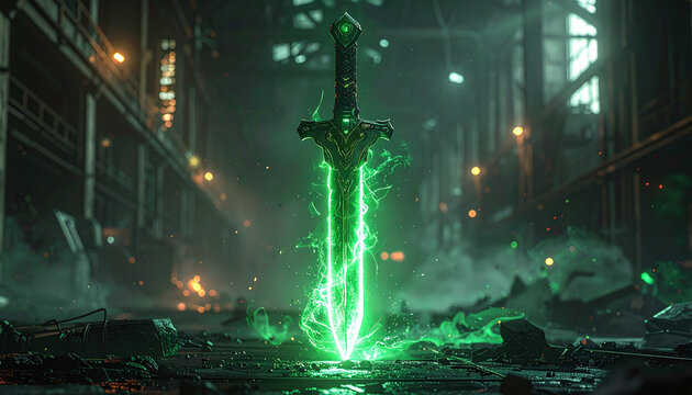 Glowing Green Sword in Dark Fantasy Setting.