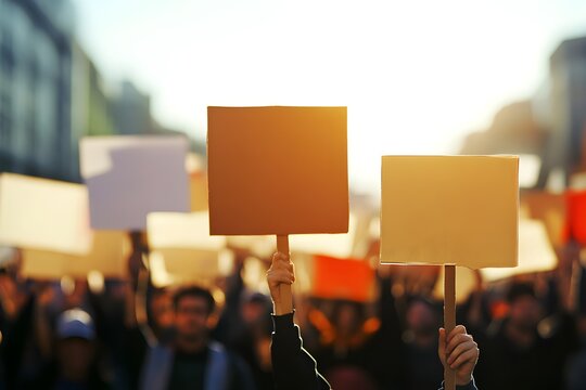 People holding blank signs at a protest with sunlight