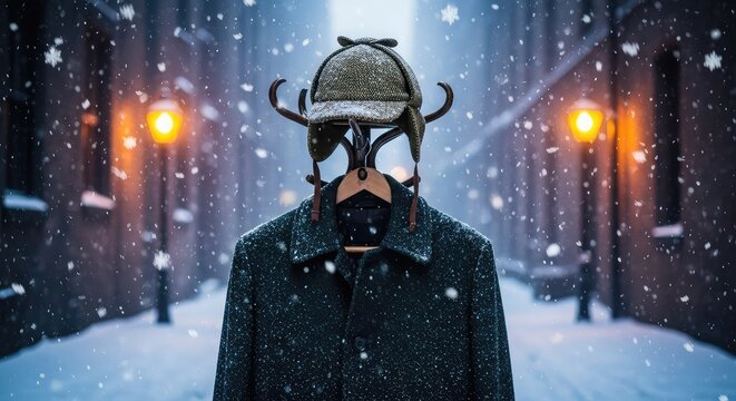 A wool coat and iconic deerstalker hat are visible against the glowing gaslights of a misty urban alleyway during a heavy winter snowfall, haze, architecture, alleyway