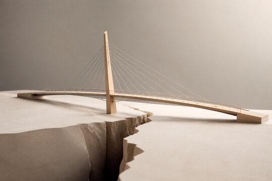 A model of a slender bridge spanning a symbolic crack in a minimalist landscape.