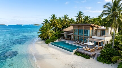 Fototapeta premium Luxury Beachfront Villa with Infinity Pool and Palm Trees in Tropical Paradise.