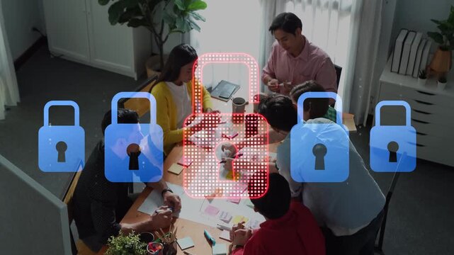 Diverse professionals engage in a collaborative meeting, discussing strategies for cybersecurity and data protection, enhanced by digital security icons. Raster