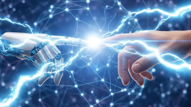 Human and robotic hands connect through energy light signaling future teamwork.