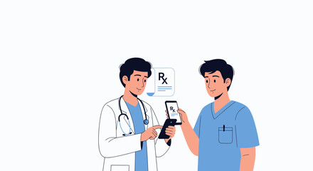 Fototapeta premium Doctor and Nurse Discussing Digital Prescription on Smartphone, Modern Healthcare Technology