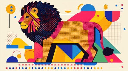 Fototapeta premium Abstract lion illustration, colorful geometric background, modern art style, print design, poster, website banner
