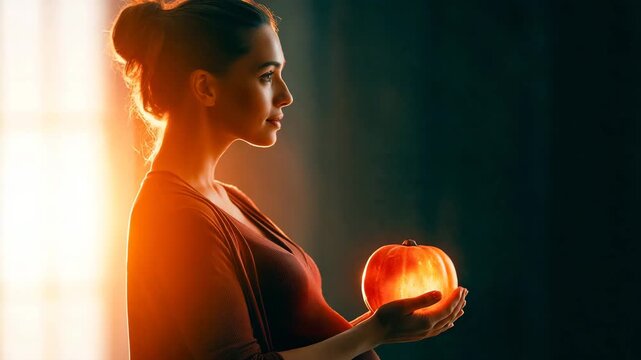 Silhouette of Pregnant Woman Holding Glowing Pumpkin