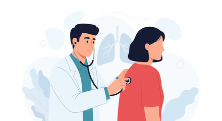 Fototapeta premium Doctor examining patient with stethoscope, lungs illustration in background - healthcare concept